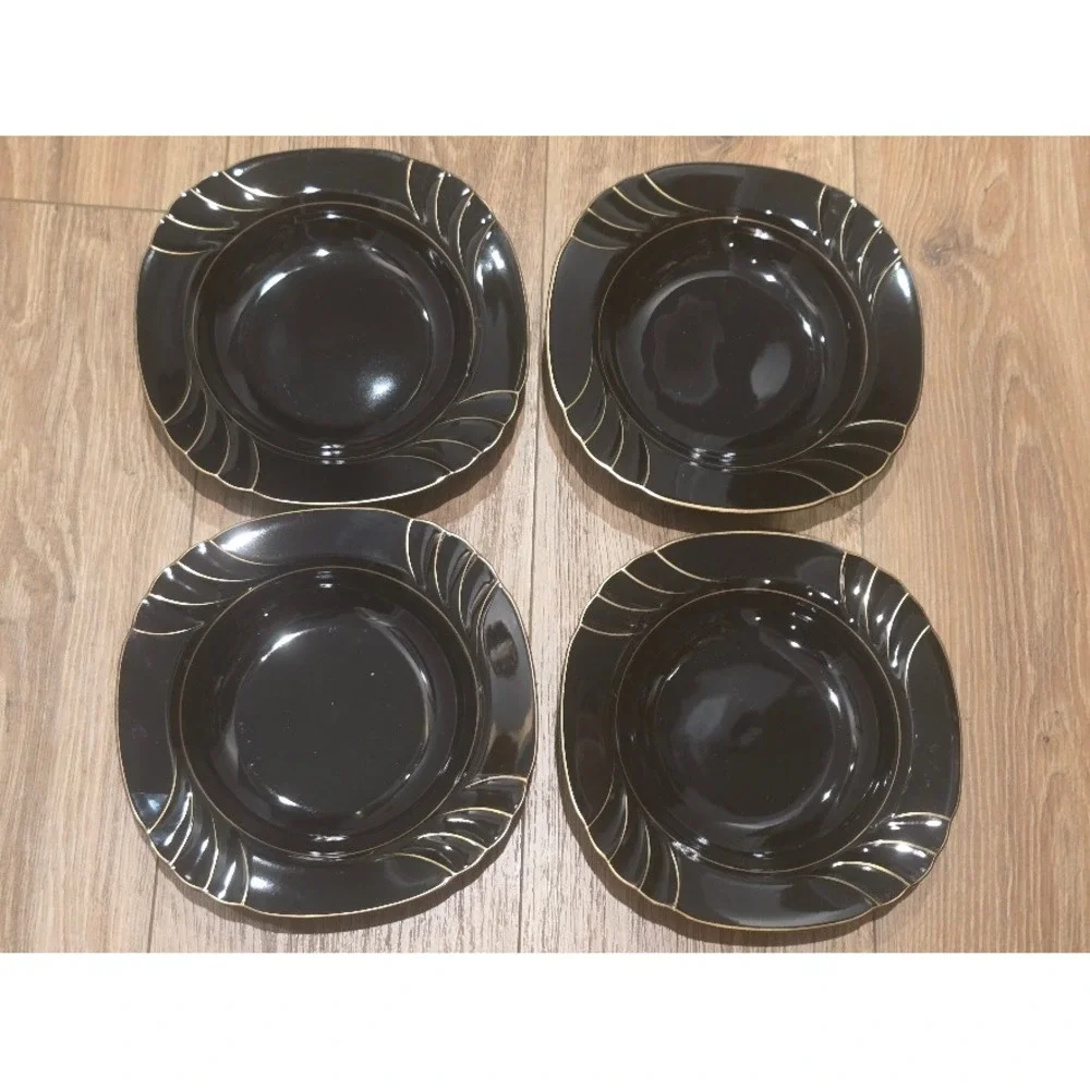 Vtg Ranmaru Wave Golden Black Soup Bowls Set of 4‎ Gallery Collections Japan